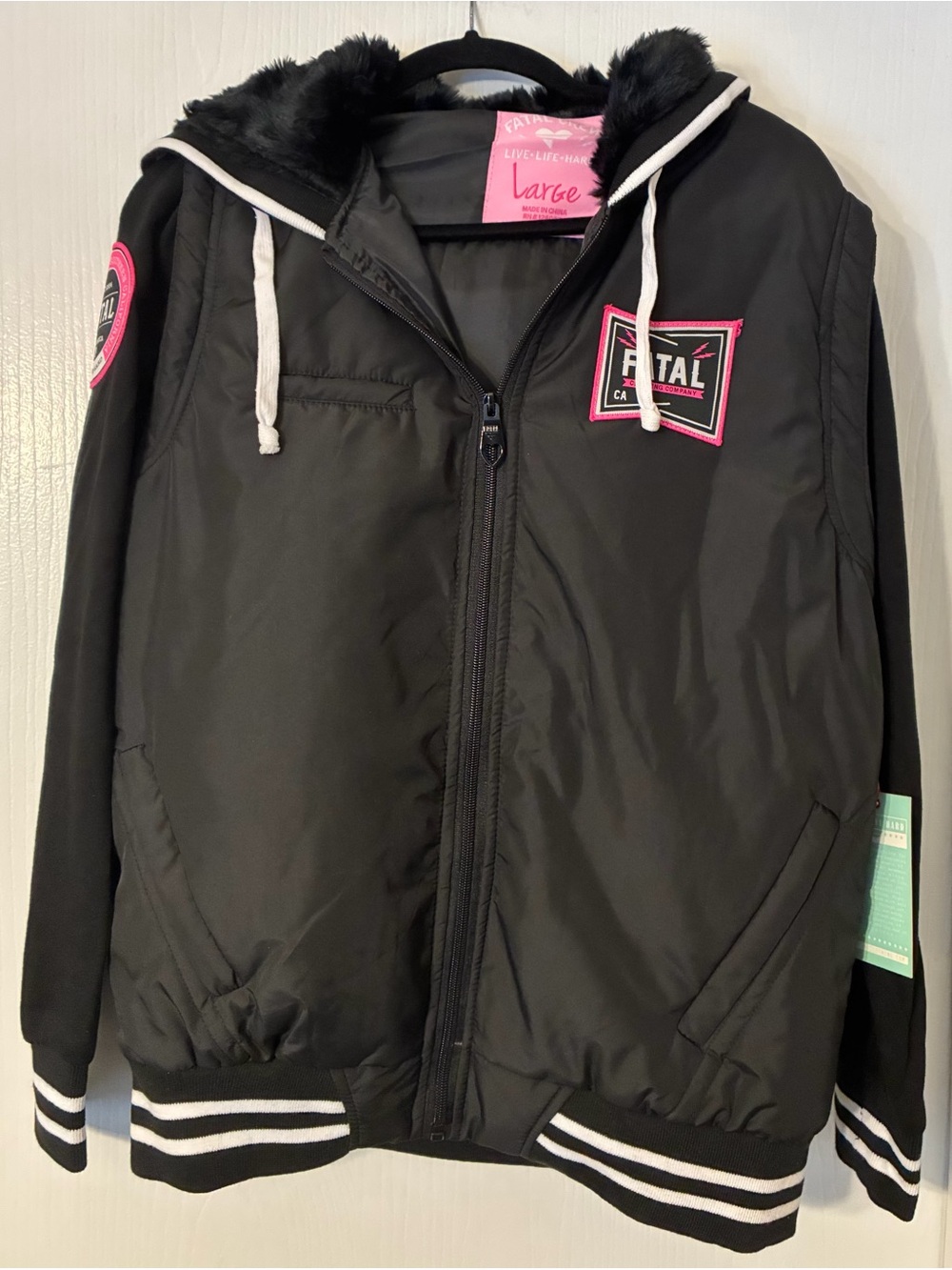 Fatal Women’s Black & Pink Hooded Collegiate Front Zip Jacket